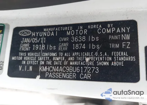 2011 Hyundai Accent Gls z USA, uszkodzony, nr VIN KMHCN4AC9BU617273